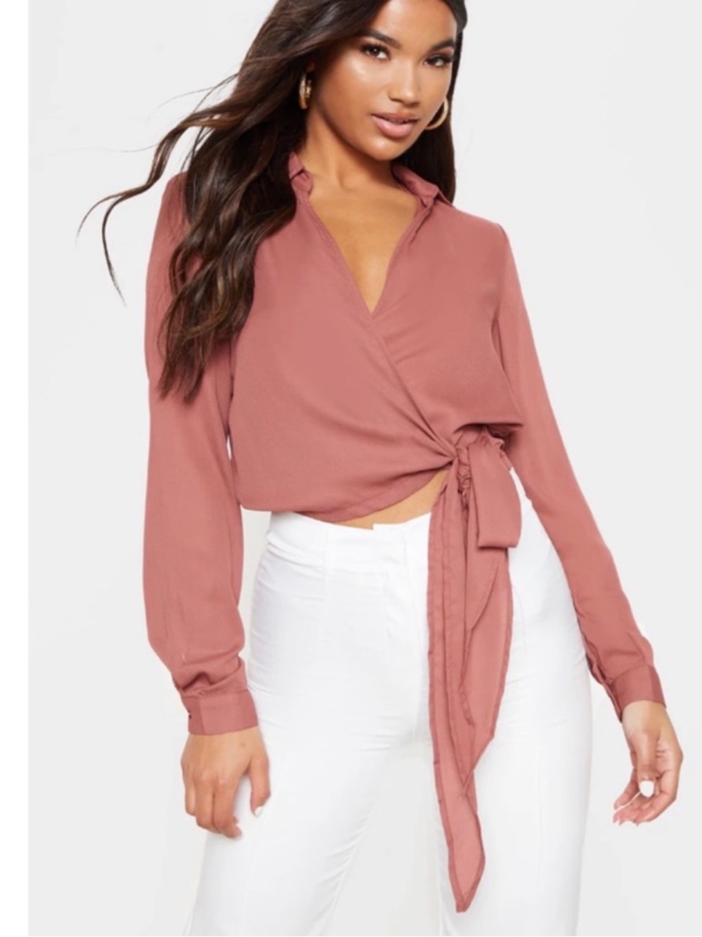 PrettyLittleThing Avalyn Wrap Tie Blouse - Dusty Rose - Size 6